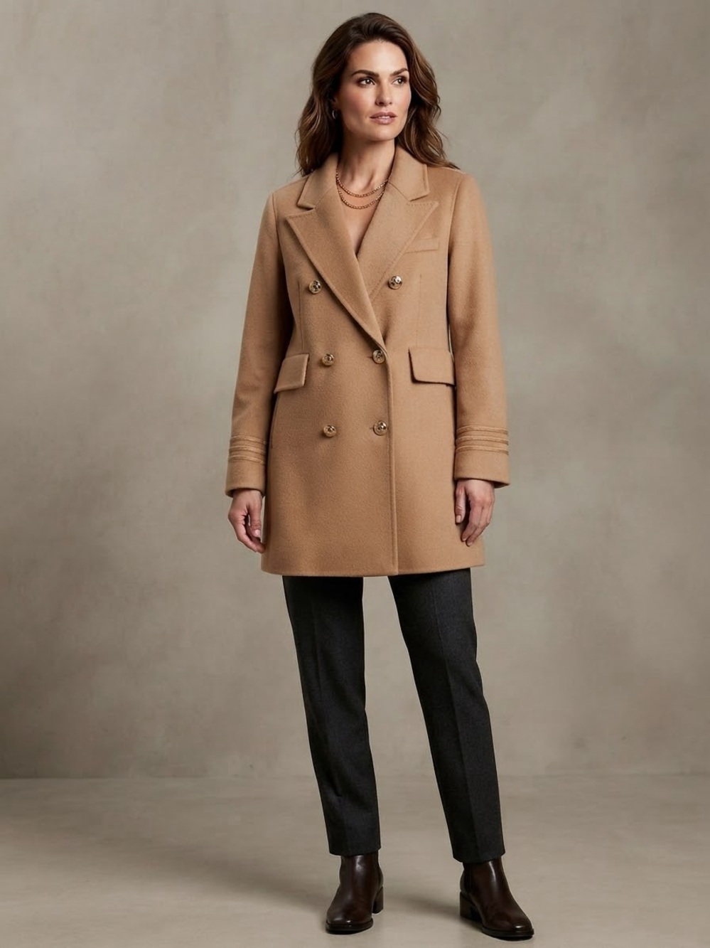 100% Wool M Double-Breasted Camel Wool Blend Coat - Women